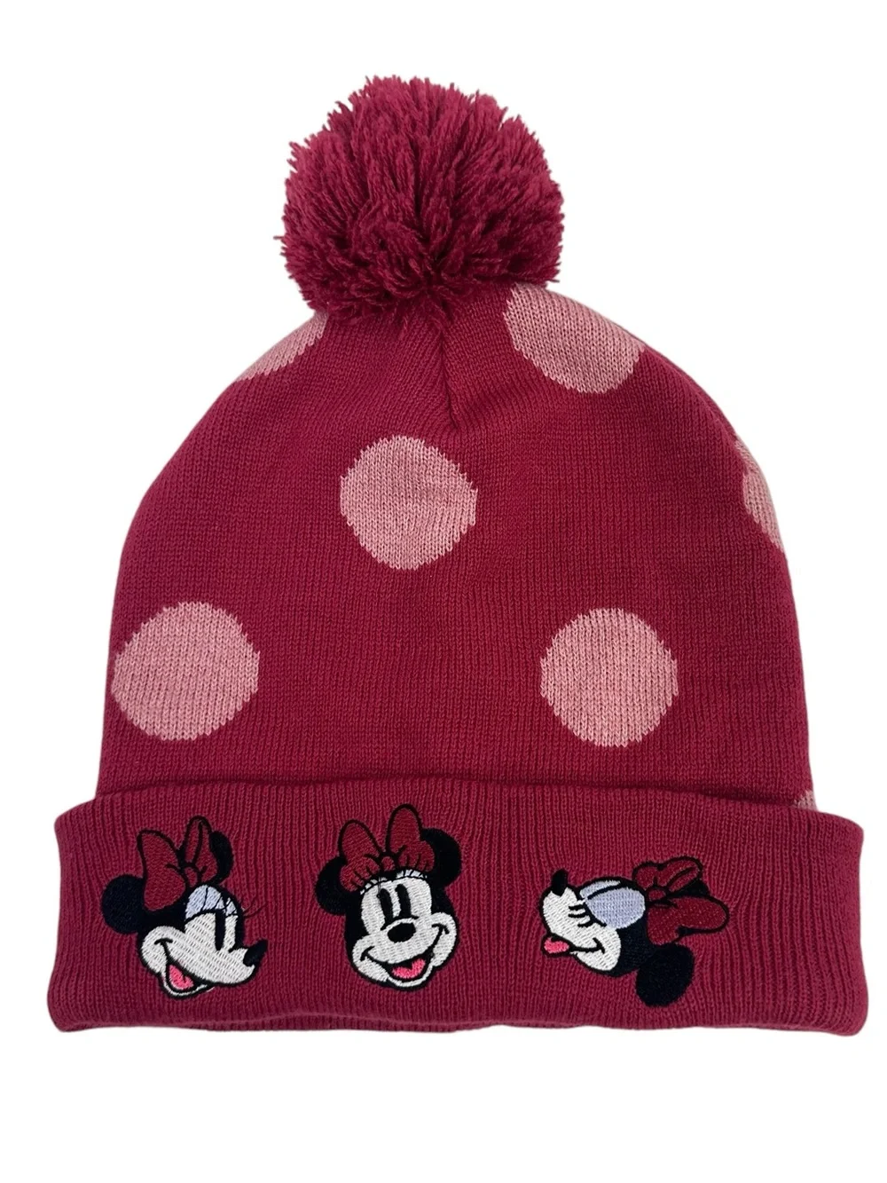 Disney Minnie Mouse Burgundy Pom Pom Beanie with Pink Polka Dots
